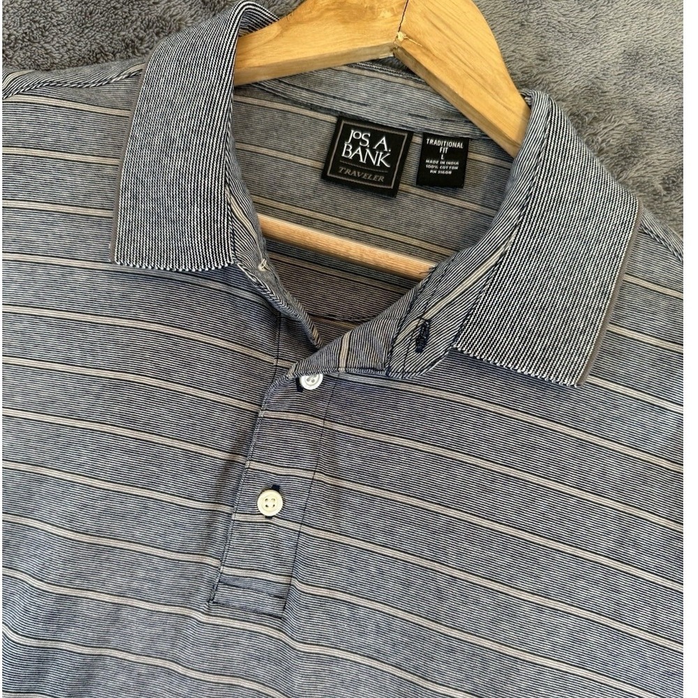 Jos. A. Bank Traveler Polo Shirt Mens Large Blue White Striped Traditional Fit